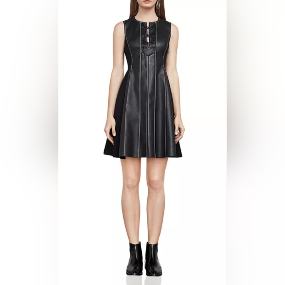 BCBGMAXAZRIA Jolee Lace-Up Faux Leather Dress, Size Med.